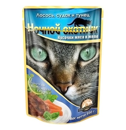 Ночной охотник консервы для кошек лосось, судак, тунец в желе пауч 100 гр.